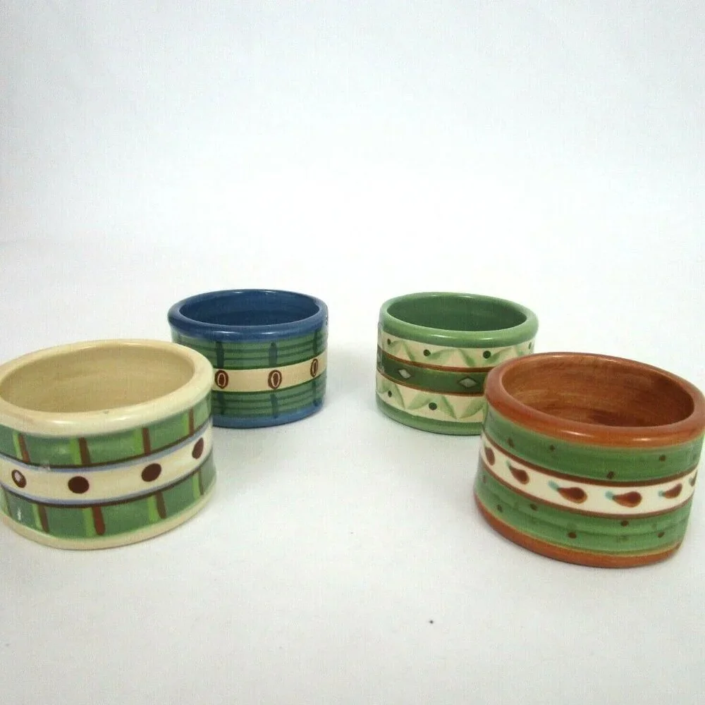Lot of 4 Ceramic Napkin Rings Round Green Cream Glazed Stripes Dots Paisley